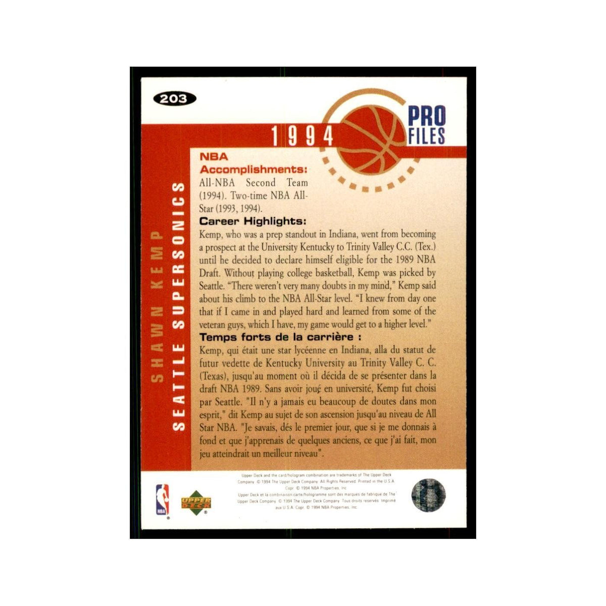1994 Upper Deck Collectors Choice Shawn Kemp Basketball Cards #203