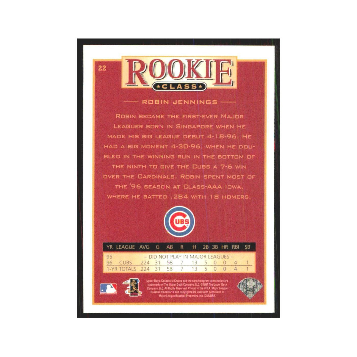 1997 Upper Deck Collectors Choice Robin Jennings RC Cubs #22