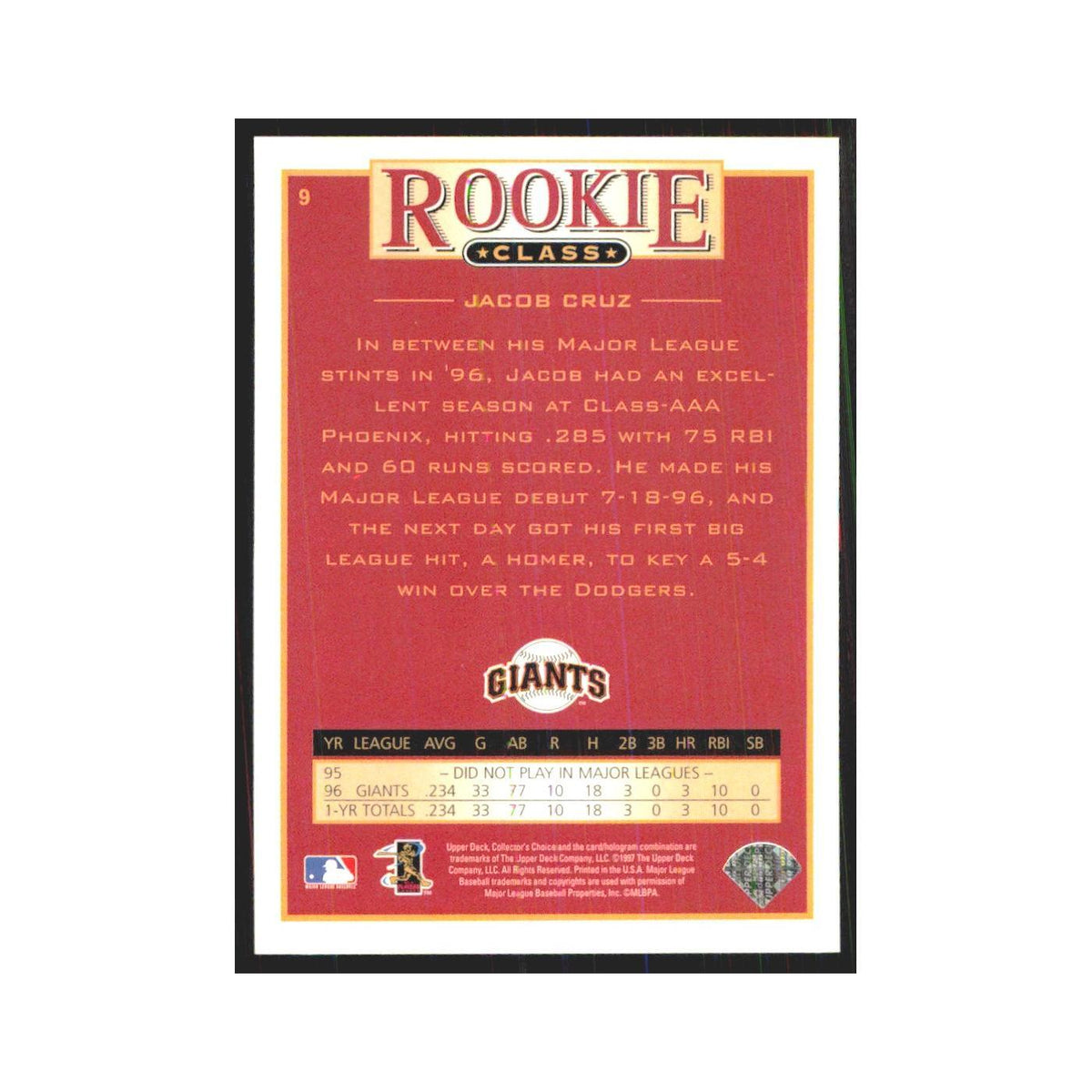 1997 Upper Deck Collectors Choice Jacob Cruz RC Giants #9