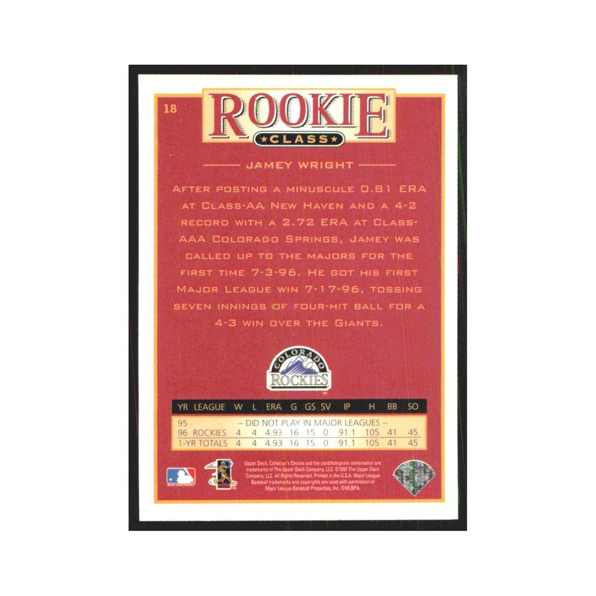 1997 Upper Deck Collectors Choice Jamey Wright RC Rockies #18