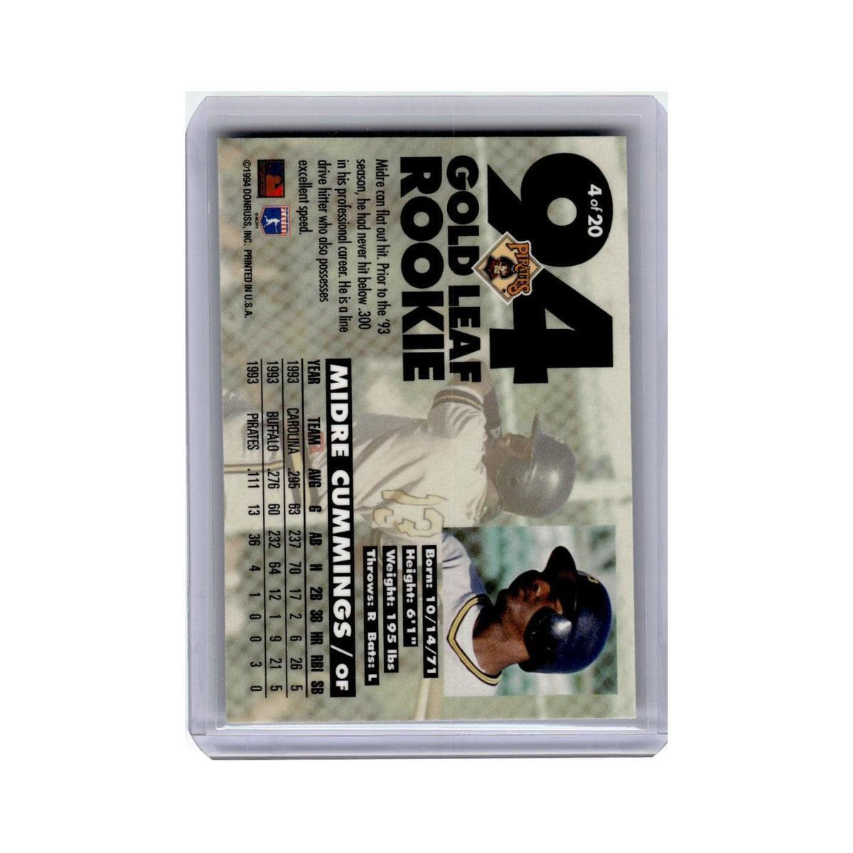 Midre Cummings 1994 Leaf Gold Rookies #4 Pittsburgh Pirates Baseball Card NM