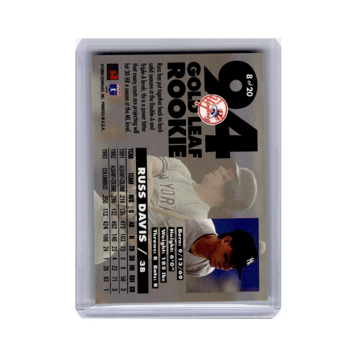 Russ Davis 1994 Leaf Gold Rookies #8 New York Yankees Baseball Card NM