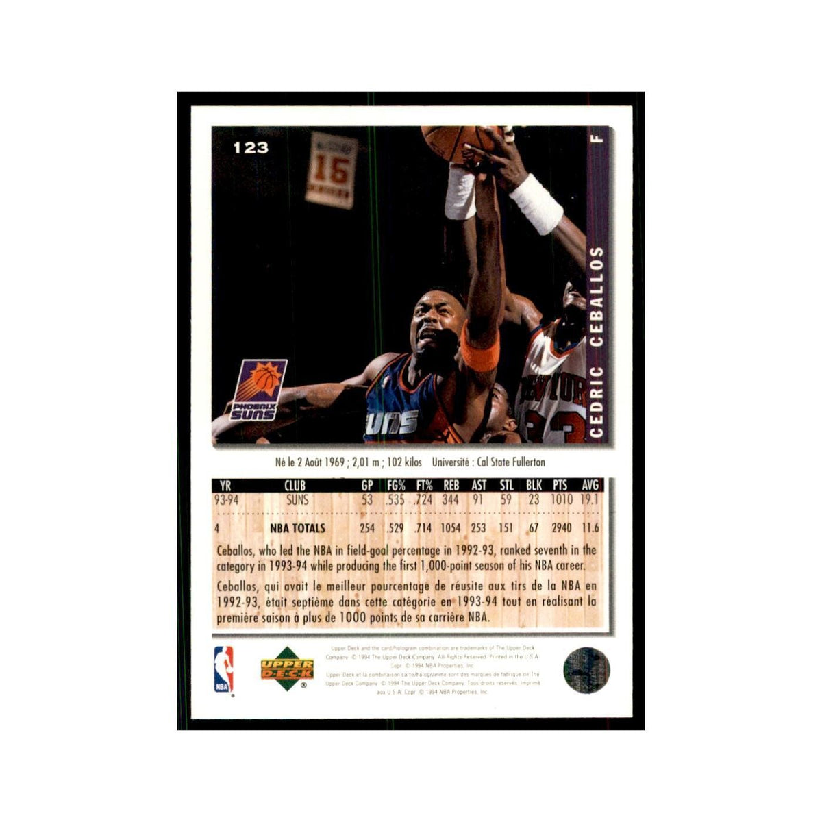 1994 Upper Deck Collectors Choice Cedric Ceballos Basketball Cards #123