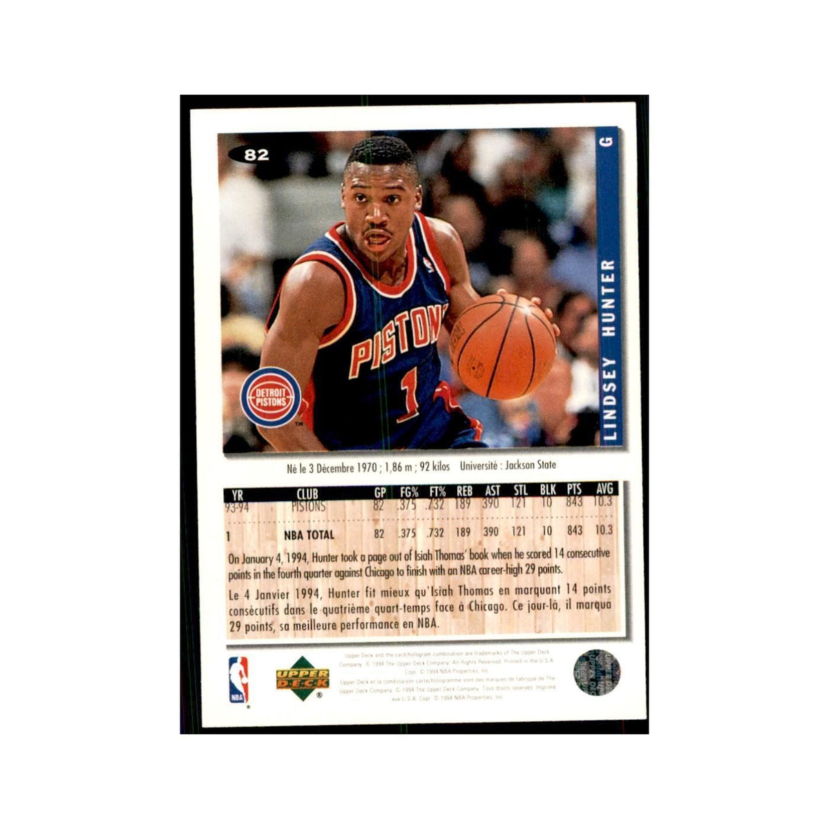 1994 Upper Deck Collectors Choice Lindsey Hunter Basketball Cards #82