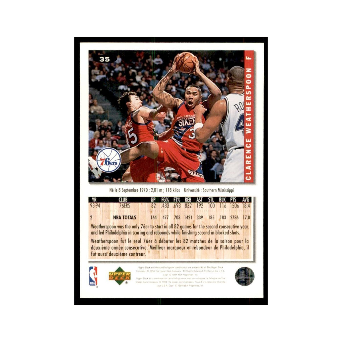 1994 Upper Deck Collectors Choice Clarence Weatherspoon Basketball Cards #35