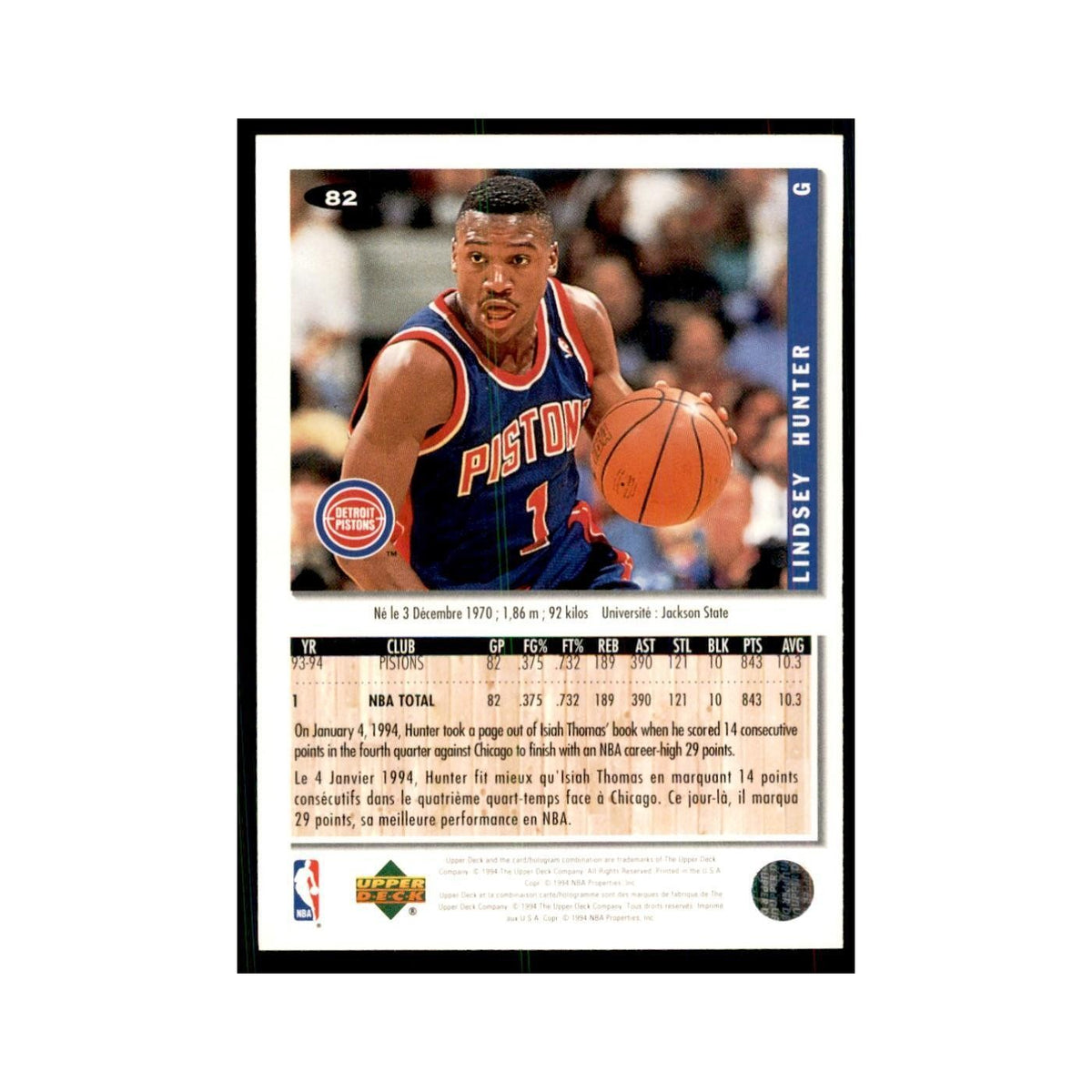 1994 Upper Deck Collectors Choice Lindsey Hunter Basketball Cards #82