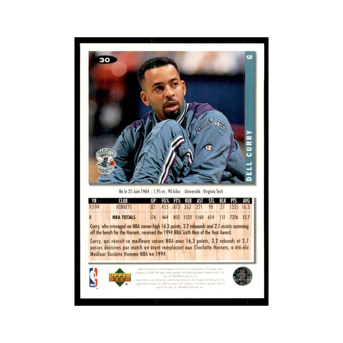 1994 Upper Deck Collectors Choice Dell Curry Basketball Cards #30