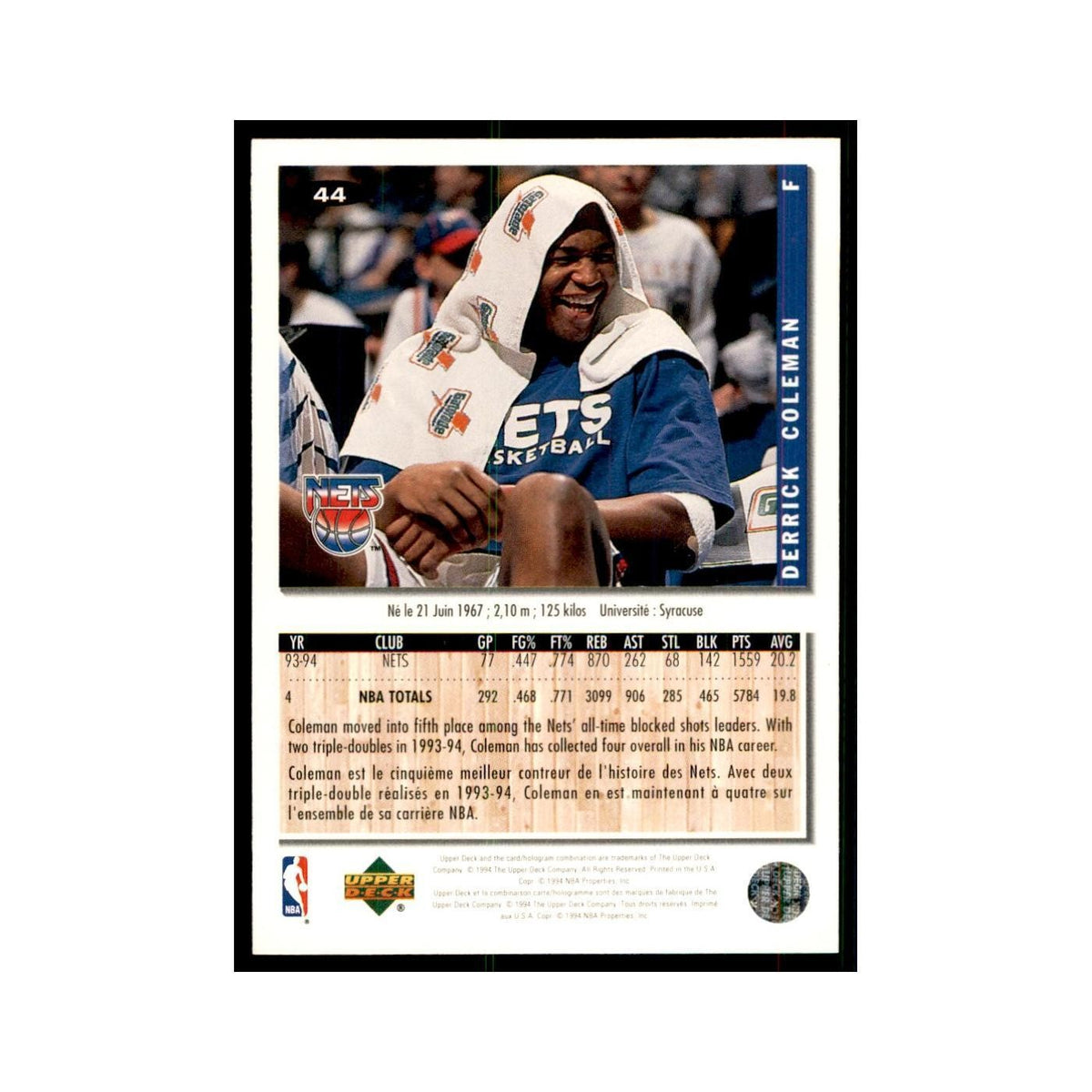 1994 Upper Deck Collectors Choice Derrick Coleman Basketball Cards #44