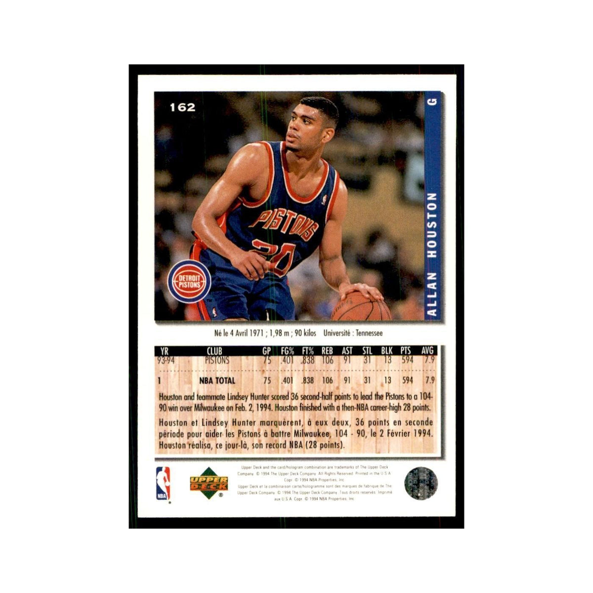 1994 Upper Deck Collector's Choice Allan Houston Pistons #162