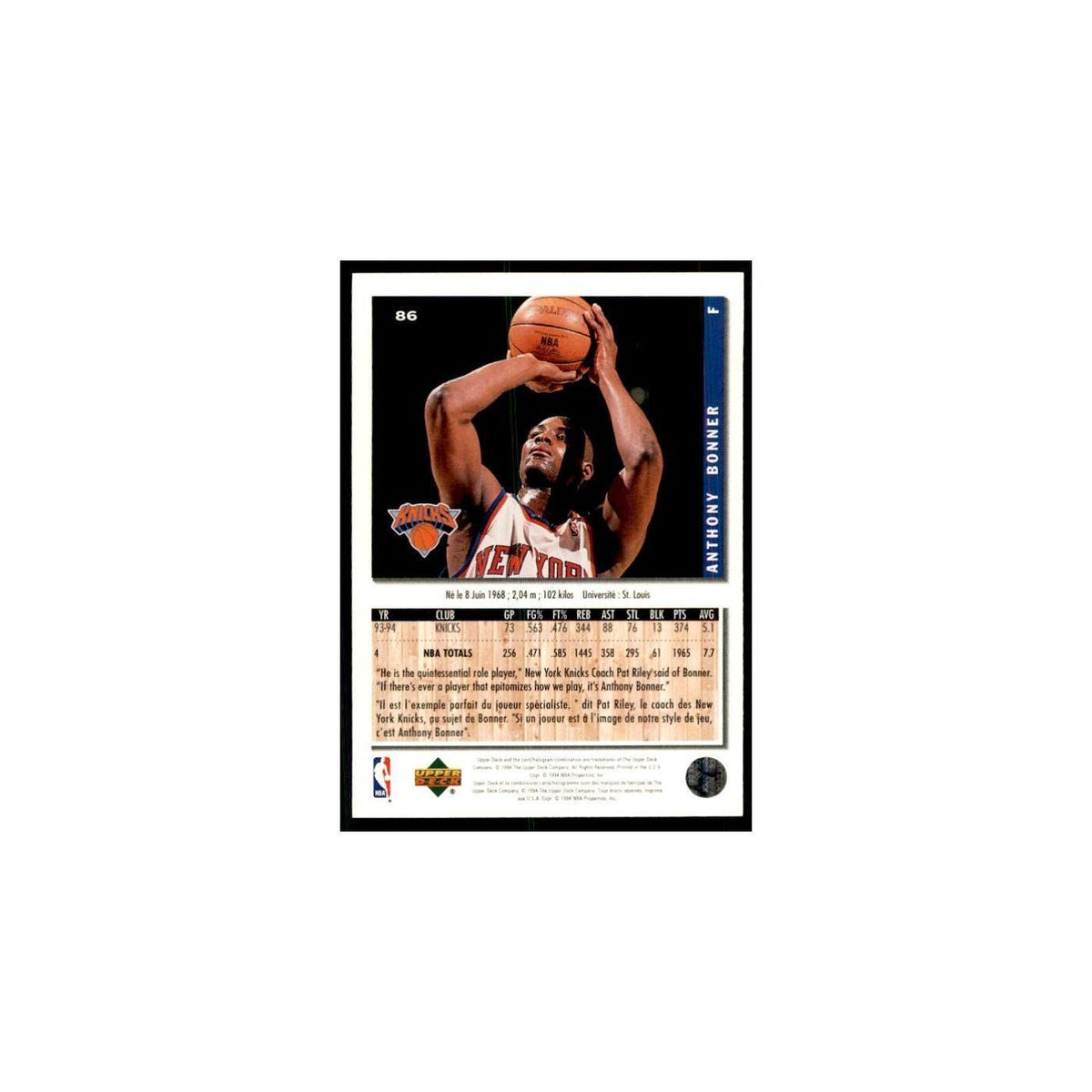 1994 Upper Deck Collector's Choice Anthonoy Bonner Knicks #86