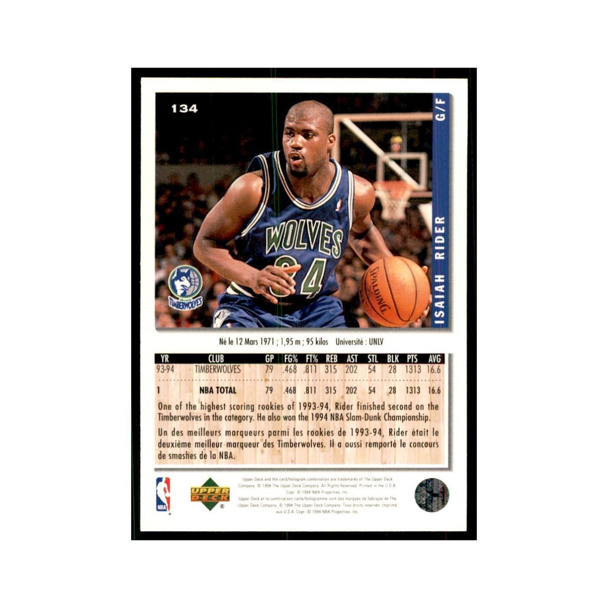 1994 Upper Deck Collector's Choice Isaiah Rider Timberwolves #134