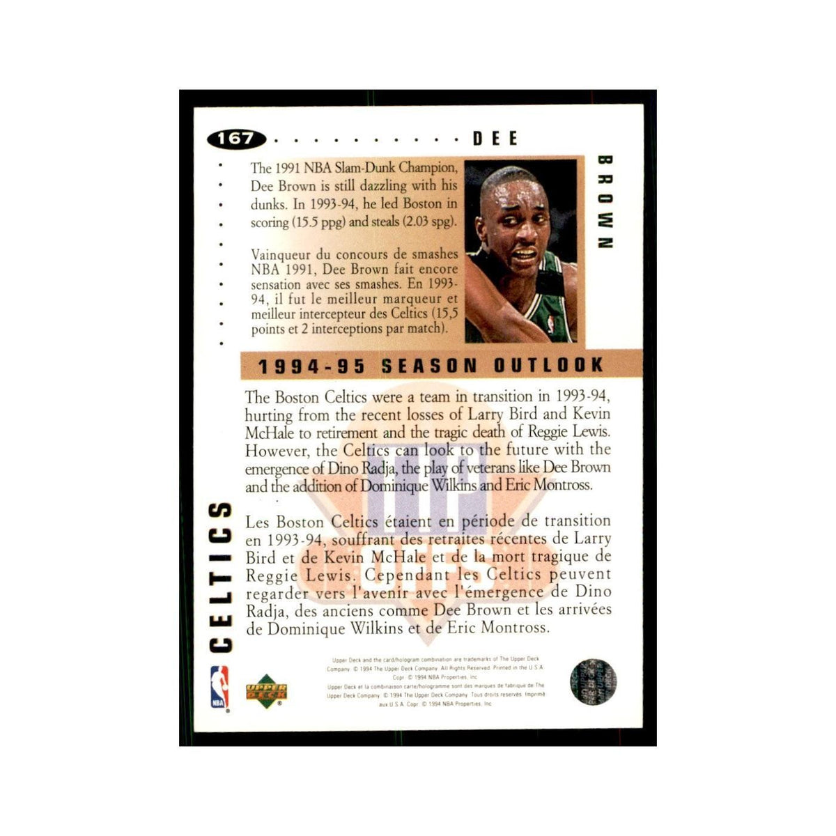 1994 Upper Deck Collector's Choice Dee Brown Celtics #167