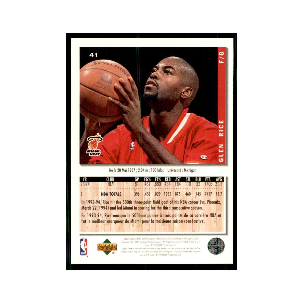 1994 Upper Deck Collector's Choice Glen Rice Heat #41