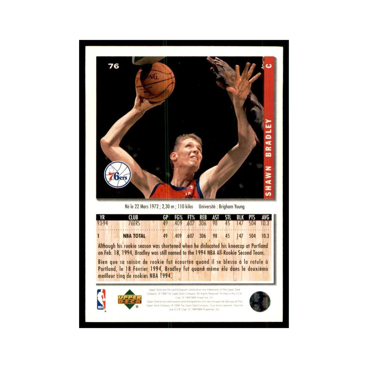 1994 Upper Deck Collector's Choice Shawn Bradley 76ers #76