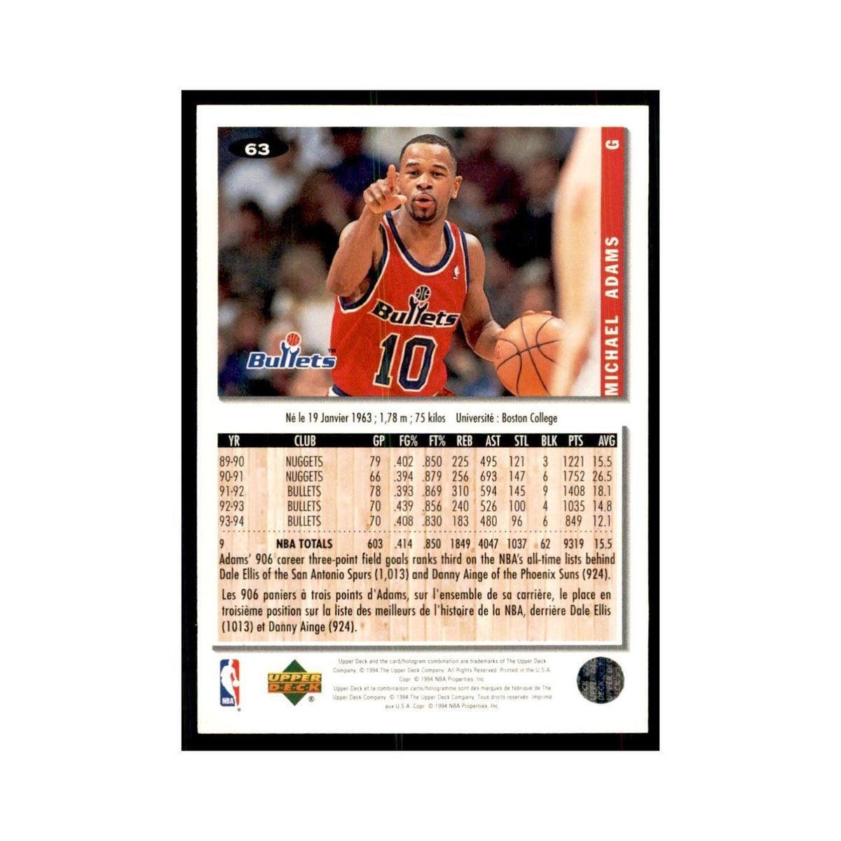 1994 Upper Deck Collector's Choice Michael Adams Washington Bullets #63