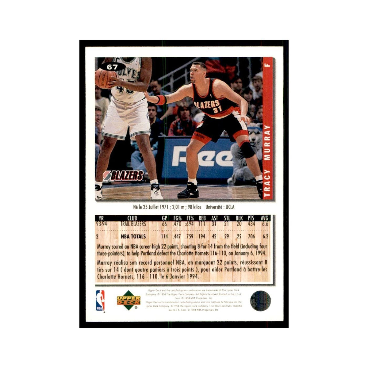 1994 Upper Deck Collector's Choice Tracy Murray Blazers #67