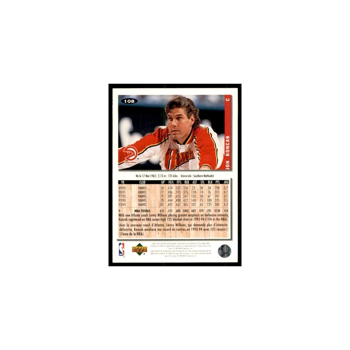1994 Upper Deck Collector's Choice Jon Koncak Hawks #108