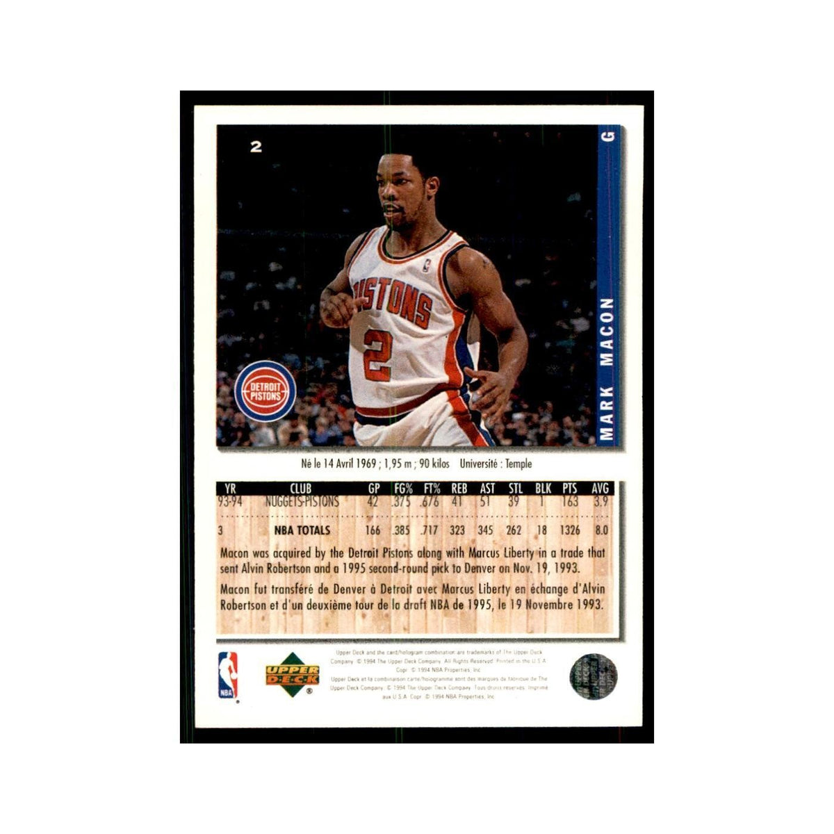 1994 Upper Deck Collector's Choice Mark Macon Pistons #2
