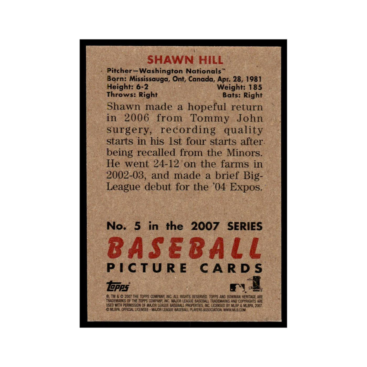 Shawn Hill 2007 Bowman Heritage Foil #5 Washington Nationals Baseball Card NM