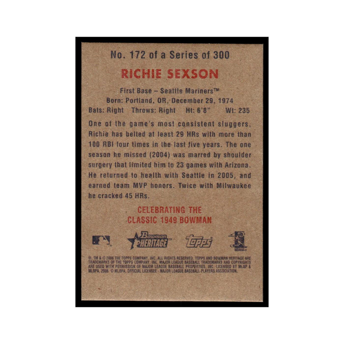 Richie Sexson 2006 Bowman Heritage Foil #172 Seattle Mariners Baseball Card NM