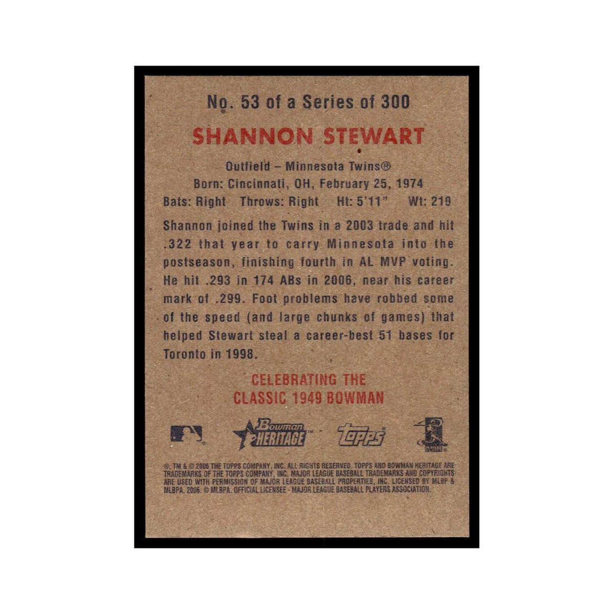 Shannon Stewart 2006 Bowman Heritage Foil #53 Minnesota Twins Baseball Card NM
