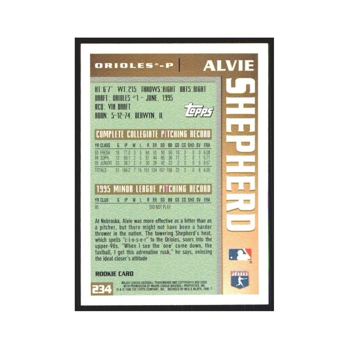 1996 Topps Alvie Shepherd Orioles #234
