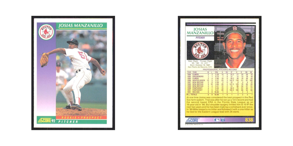 1992 Score Josias Manzanillo RC Red Sox #838