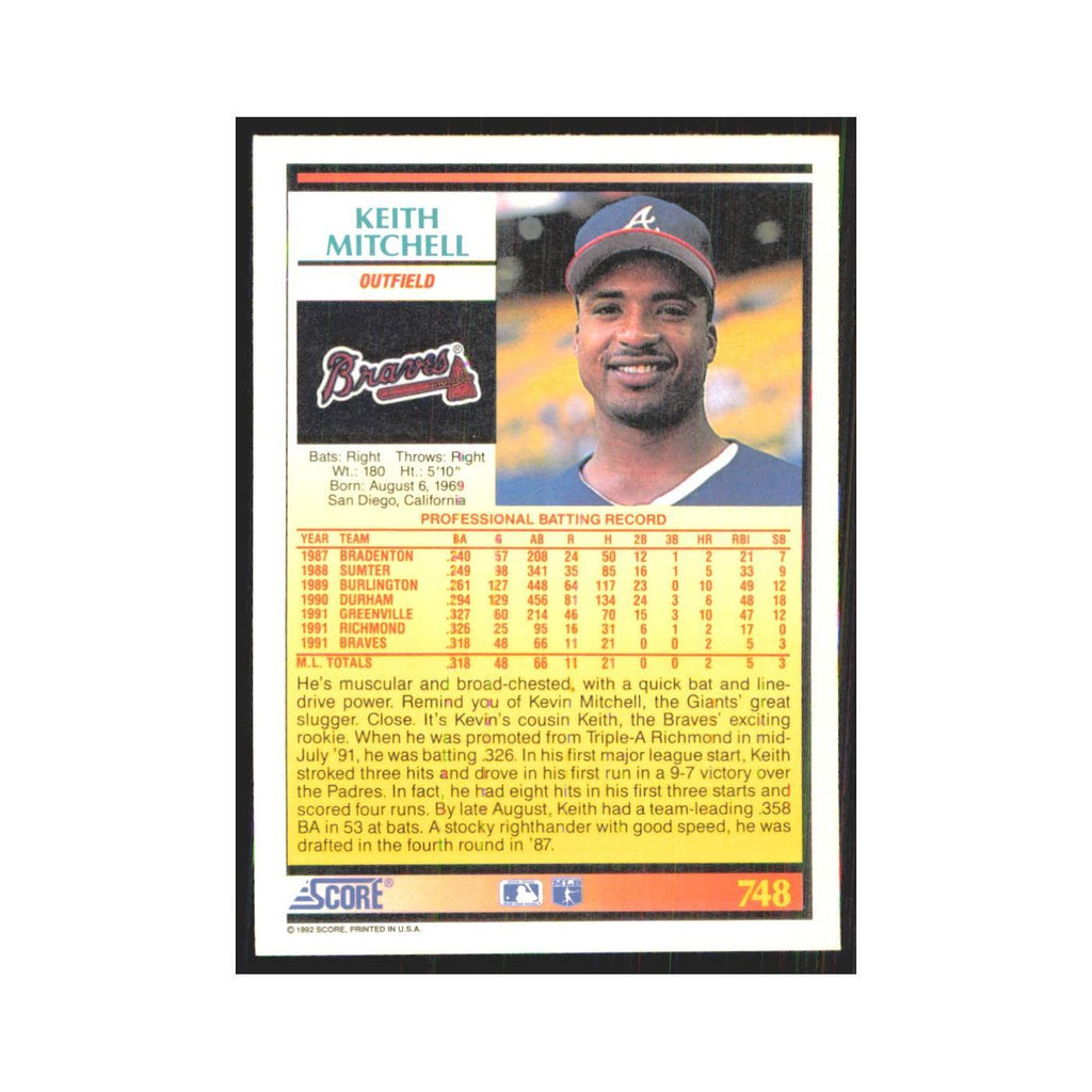 1992 Score Keith Mitchell RC Braves #748