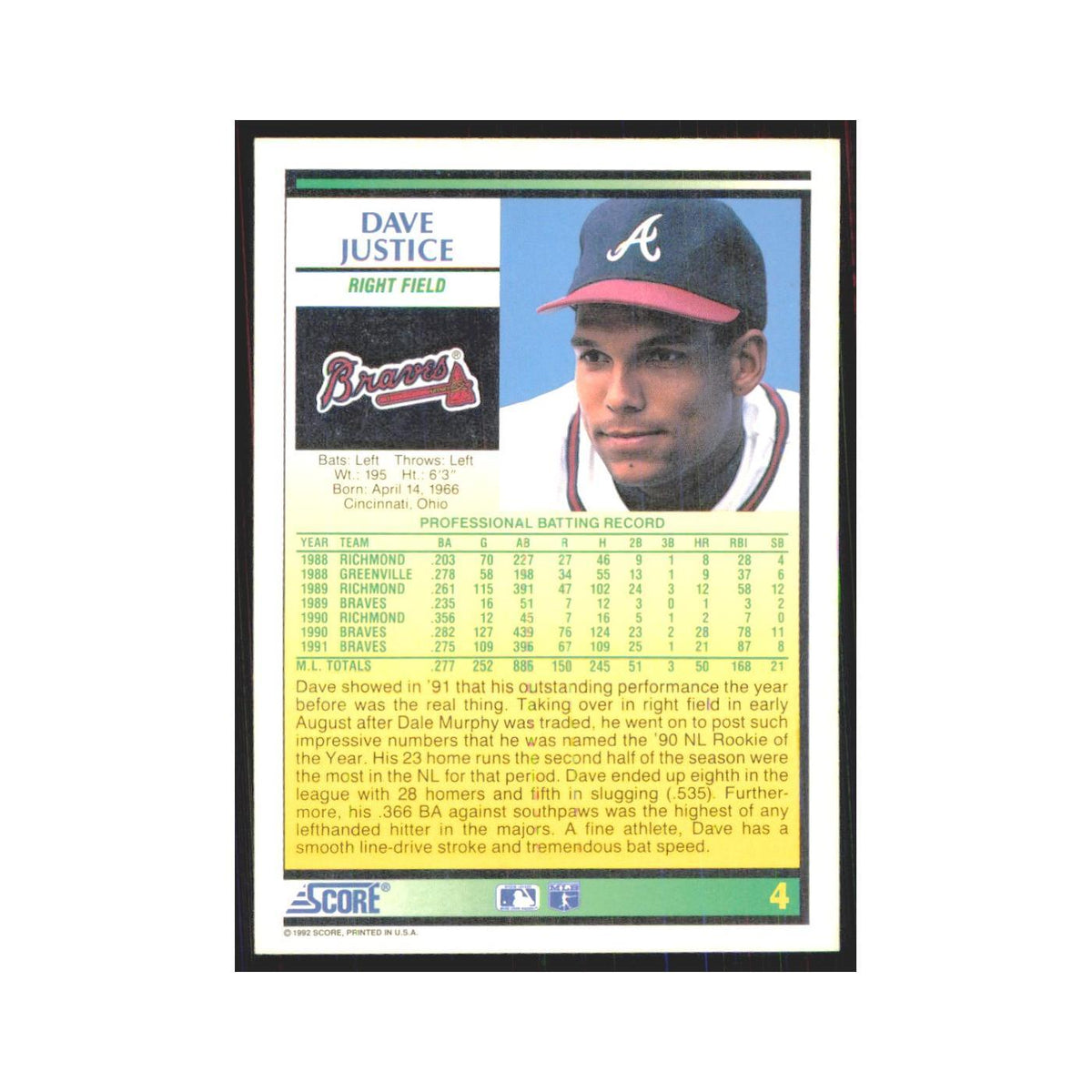 1992 Score Dave Justice Braves #4