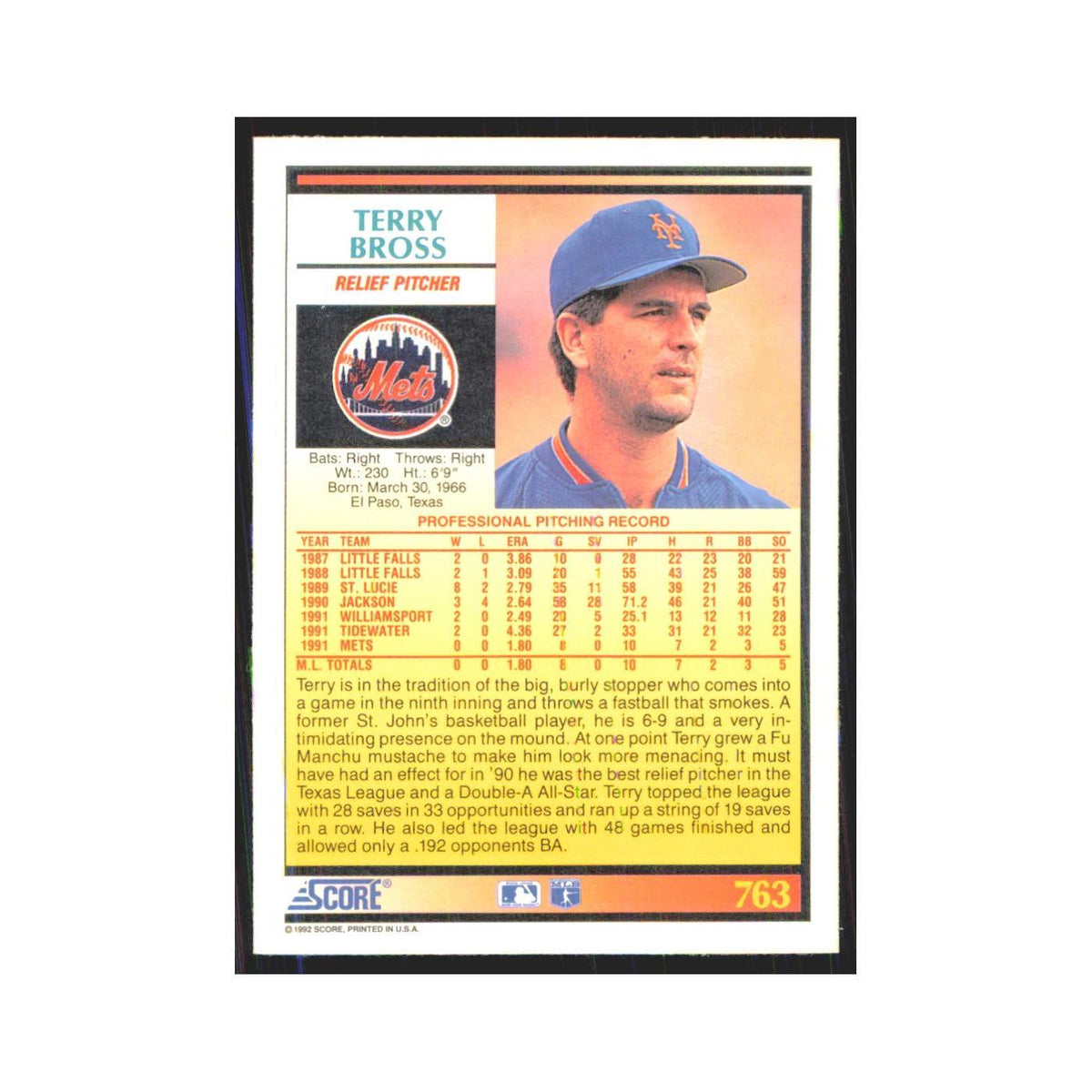 1992 Score Terry Bross RC Mets #763