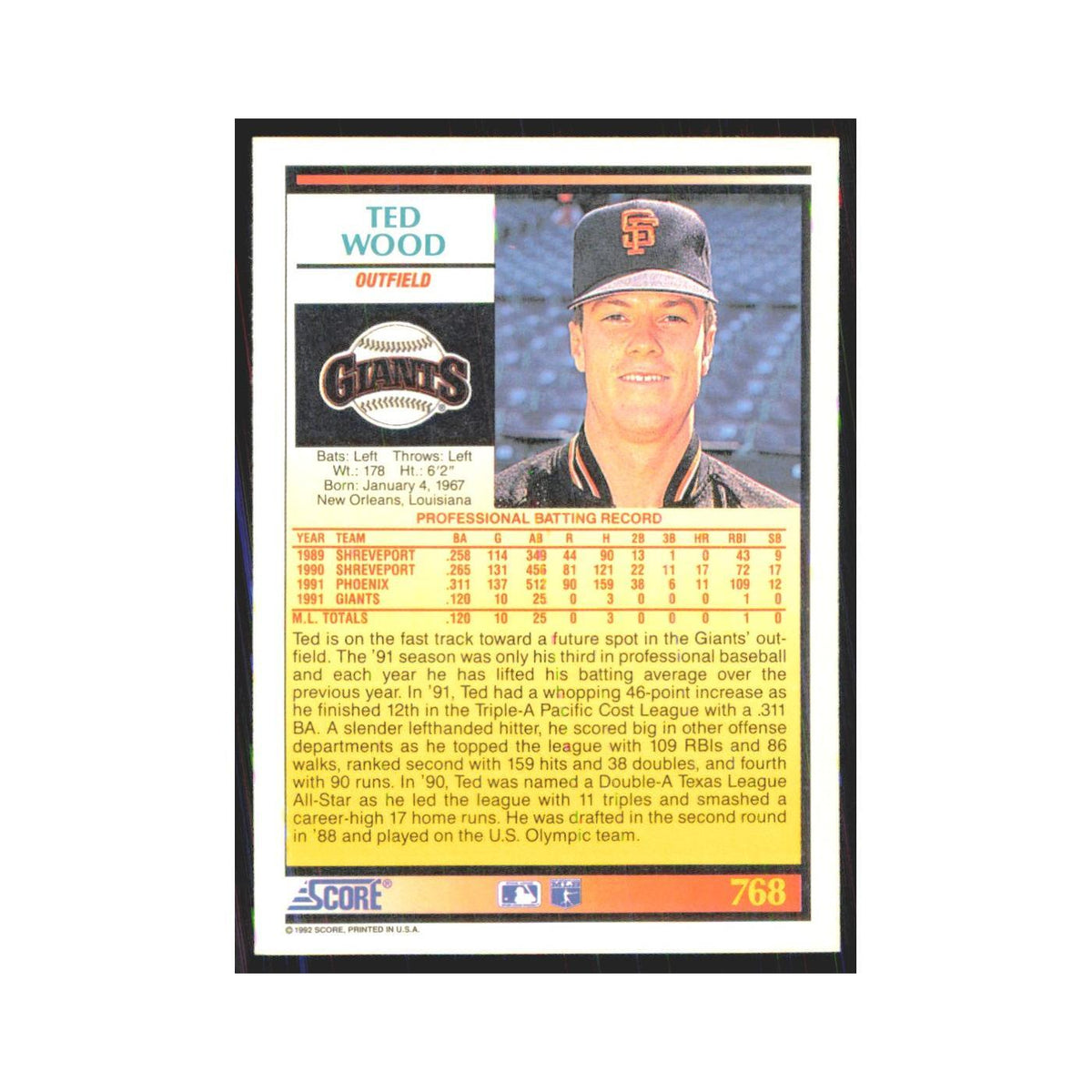1992 Score Ted Wood RC Giants #768