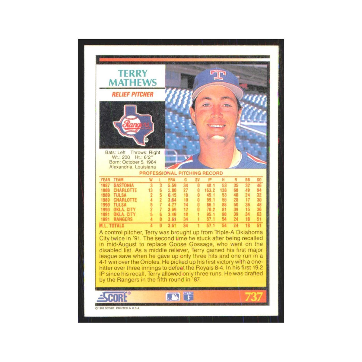 1992 Score Terry Mathews RC Rangers #737