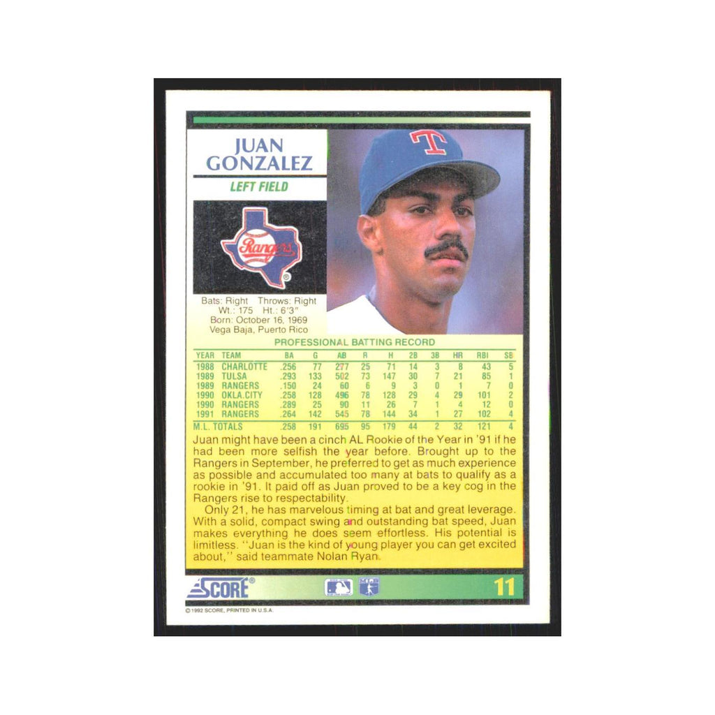 1992 Score Juan Gonzalez Rangers #11