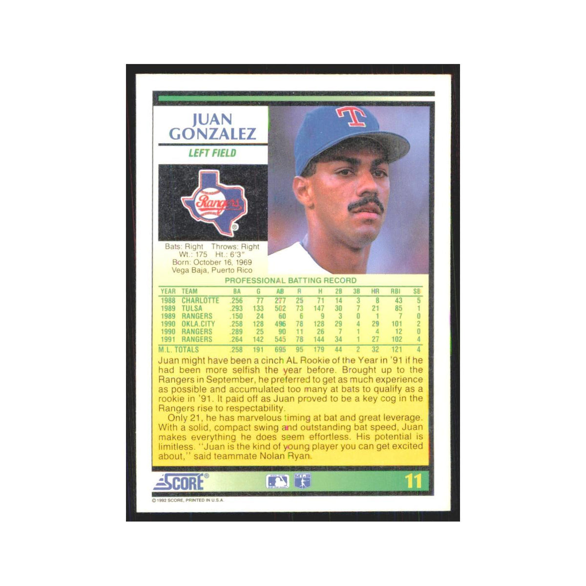 1992 Score Juan Gonzalez Rangers #11