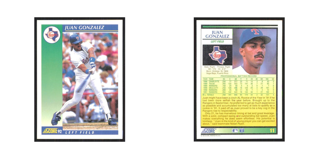1992 Score Juan Gonzalez Rangers #11