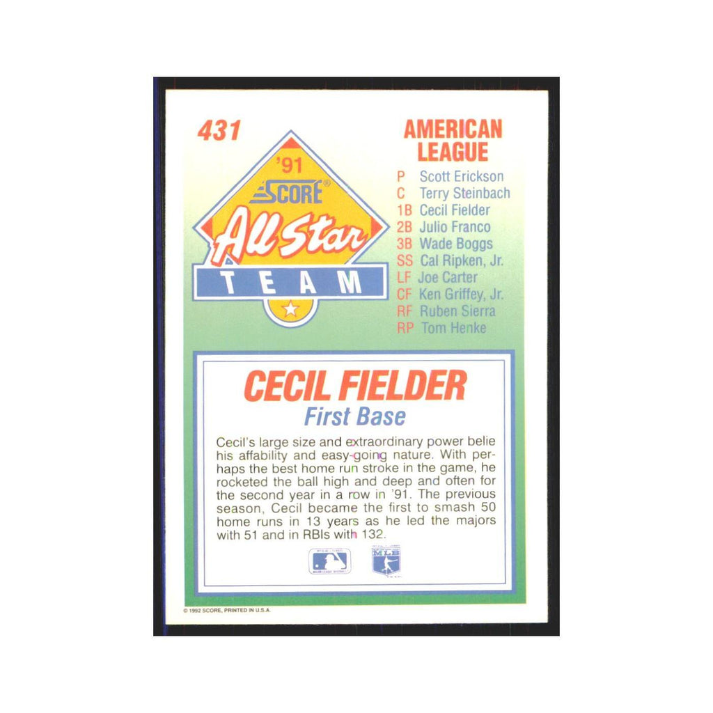 1992 Score Cecil Fielder Tigers #431