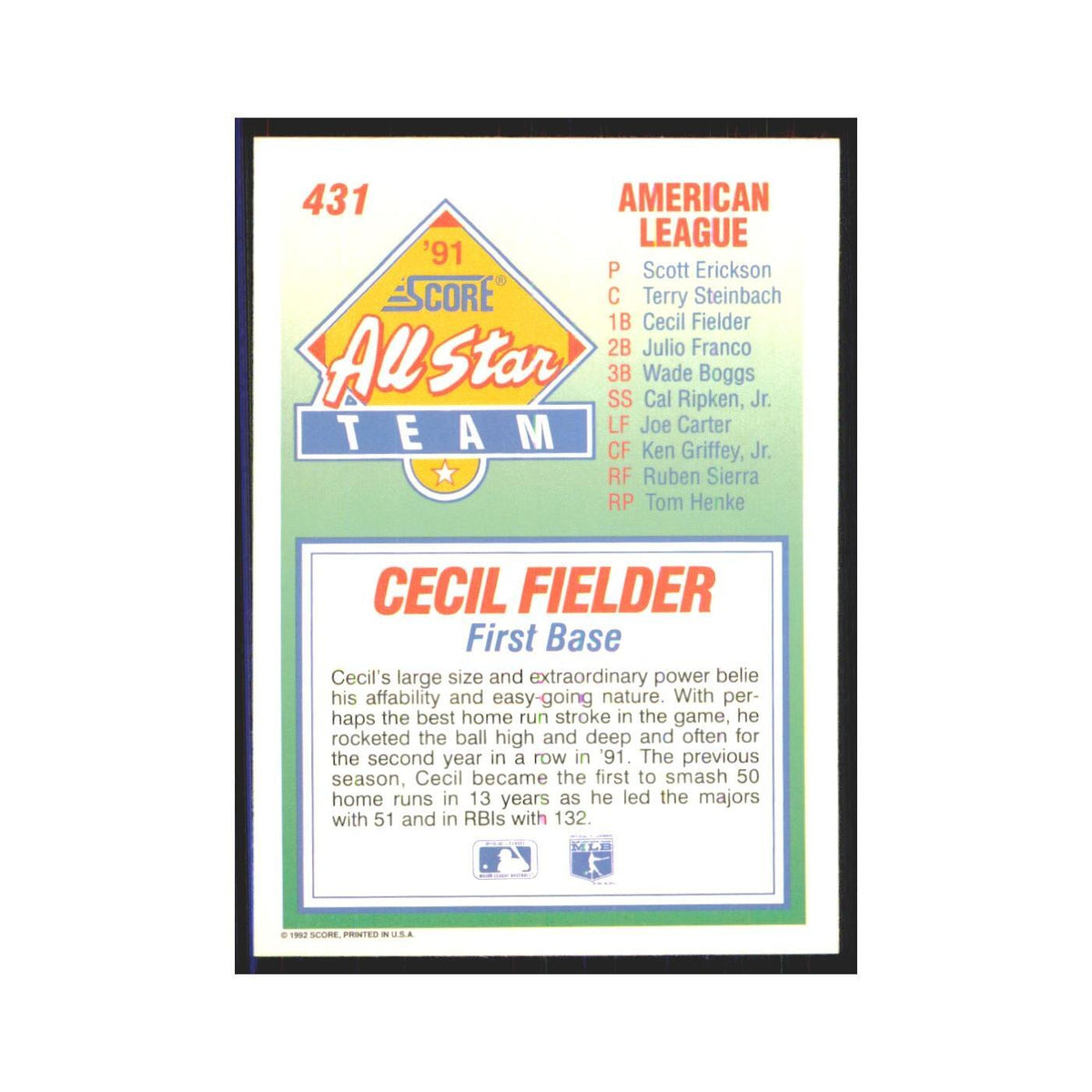 1992 Score Cecil Fielder Tigers #431