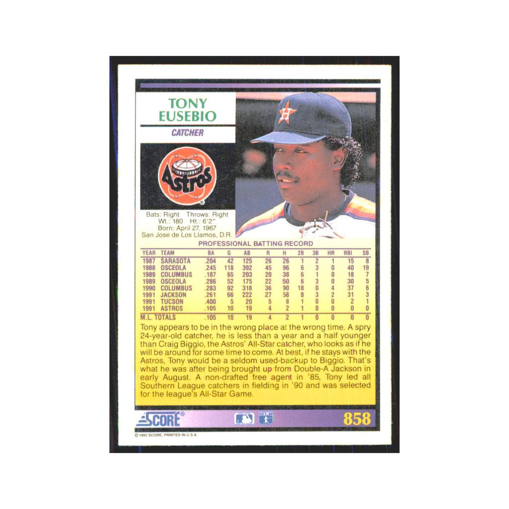 1992 Score Tony Eusebio RC Astros #858