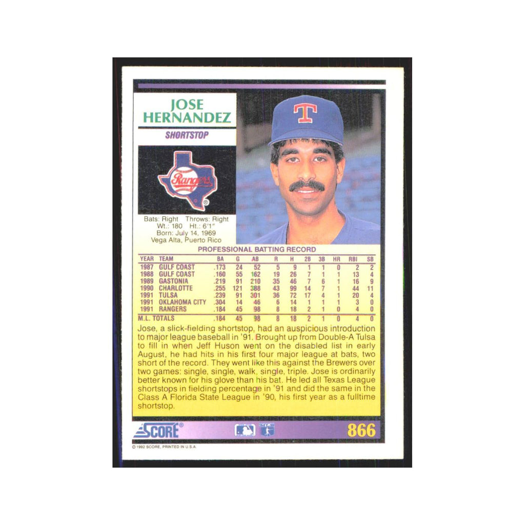 1992 Score Jose Hernandez RC Rangers #866