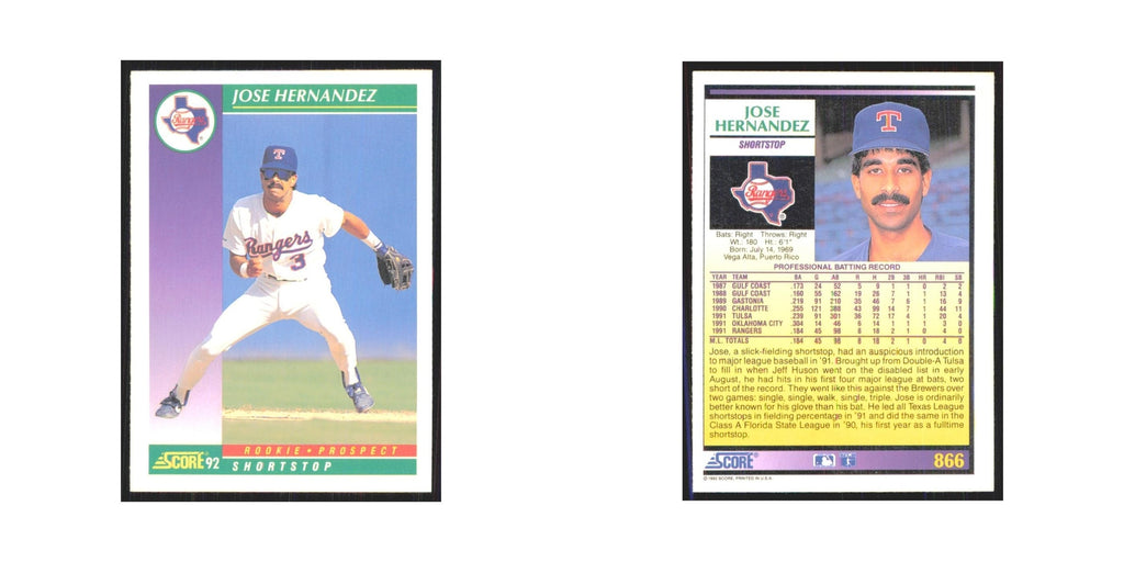 1992 Score Jose Hernandez RC Rangers #866
