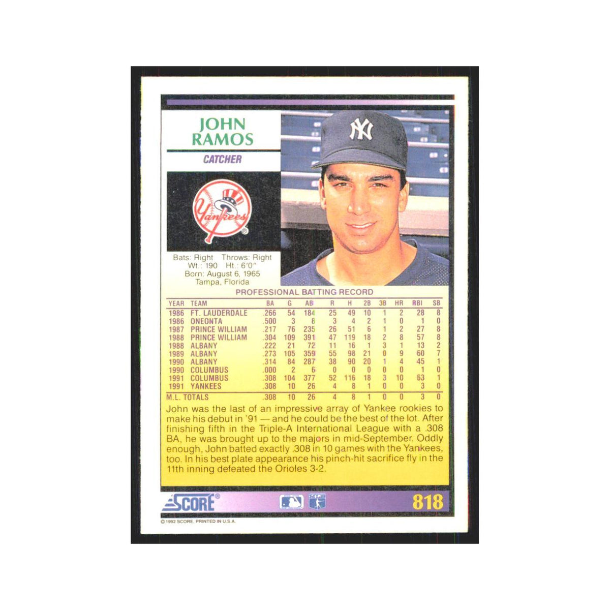 1992 Score John Ramos RC Yankees #818