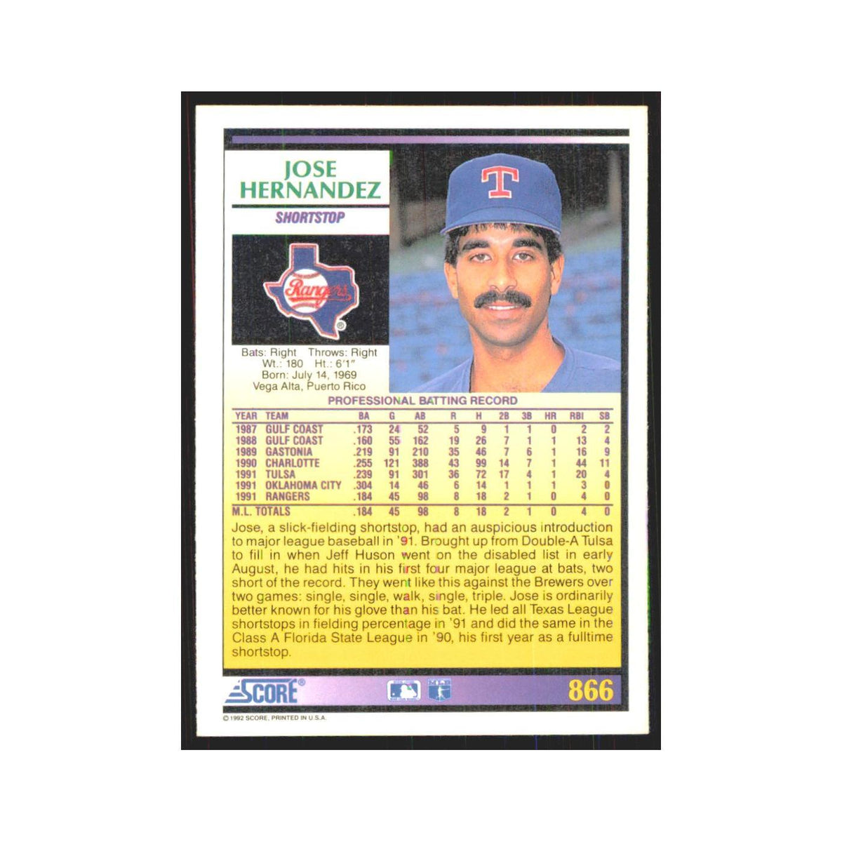 1992 Score Jose Hernandez RC Rangers #866