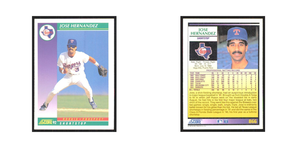 1992 Score Jose Hernandez RC Rangers #866