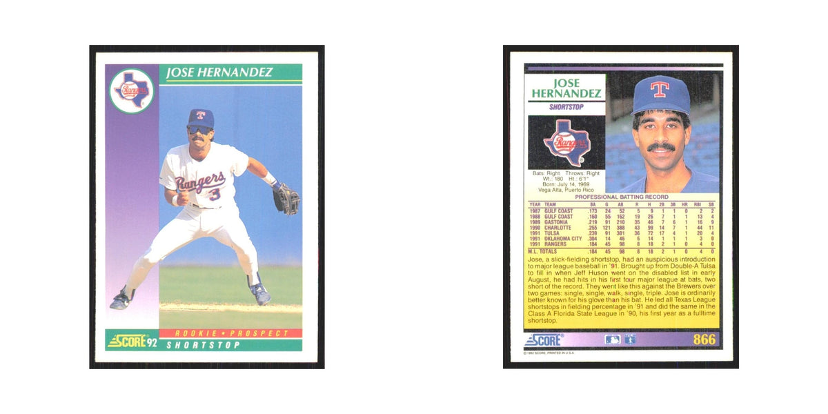 1992 Score Jose Hernandez RC Rangers #866