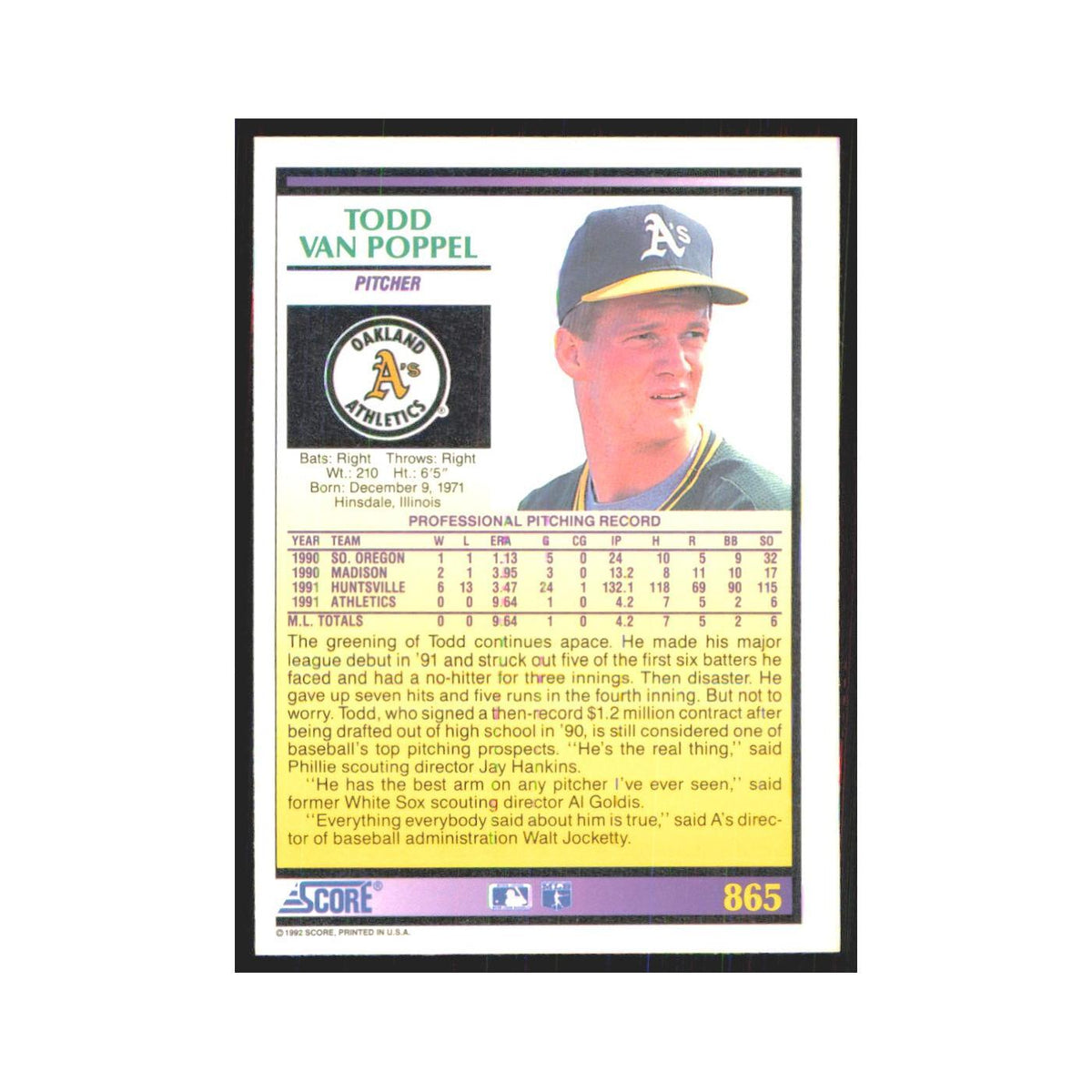 1992 Score Todd Van Poppel RC Athletics #865