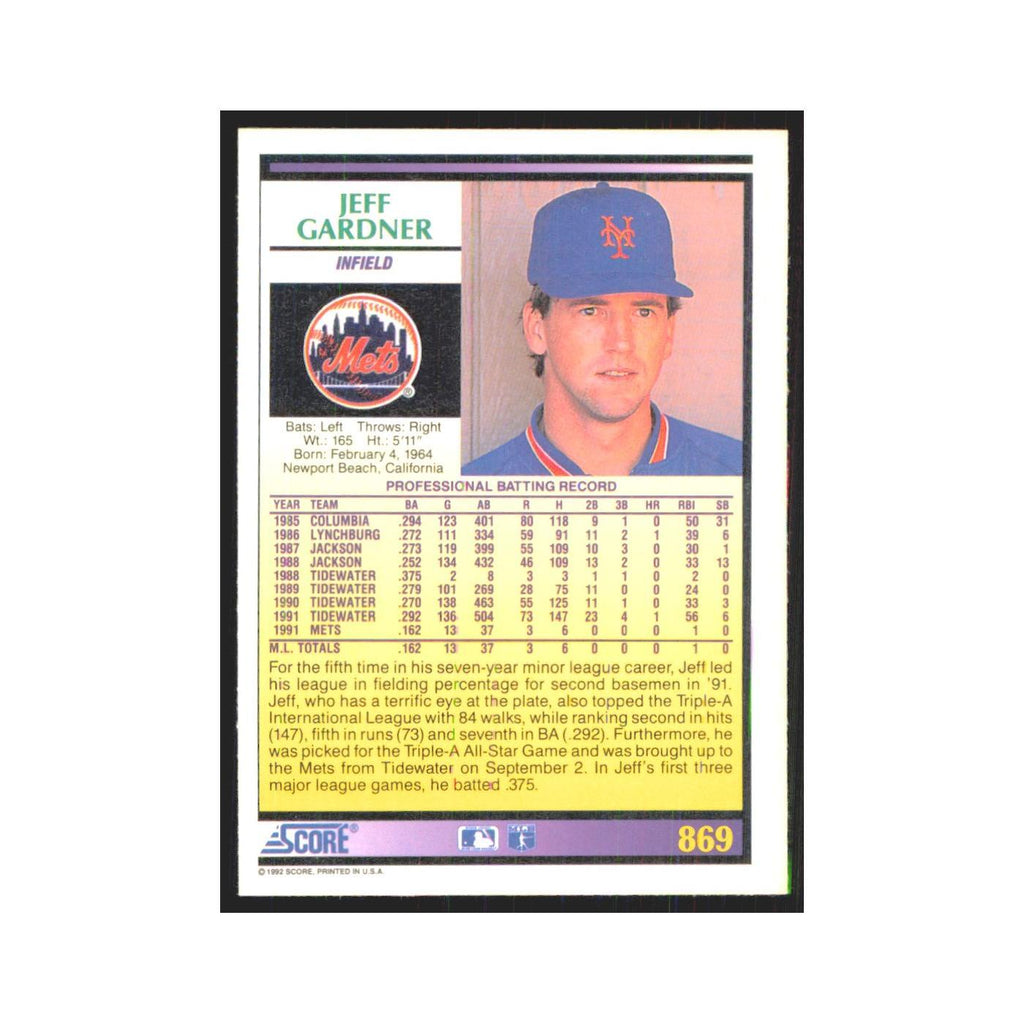 1992 Score Jeff Gardner RC Mets #869