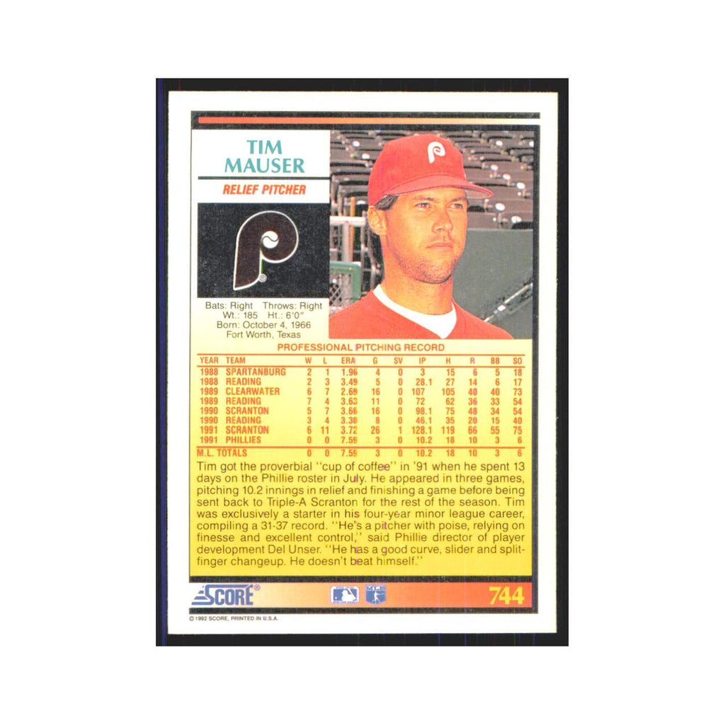 1992 Score Tim Mauser RC Phillies #744