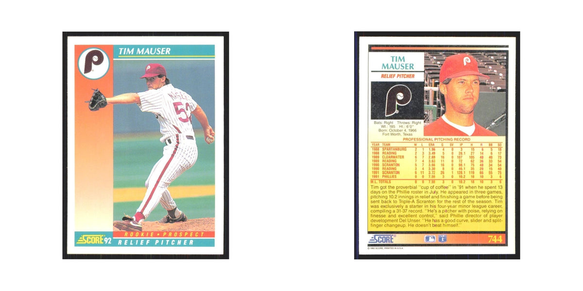 1992 Score Tim Mauser RC Phillies #744