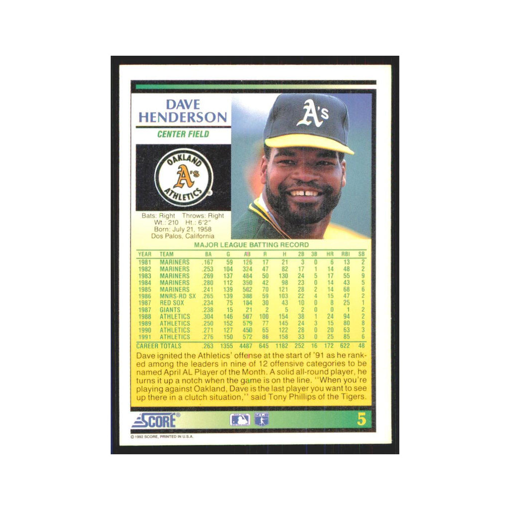 1992 Score Dave Henderson Athletics #5