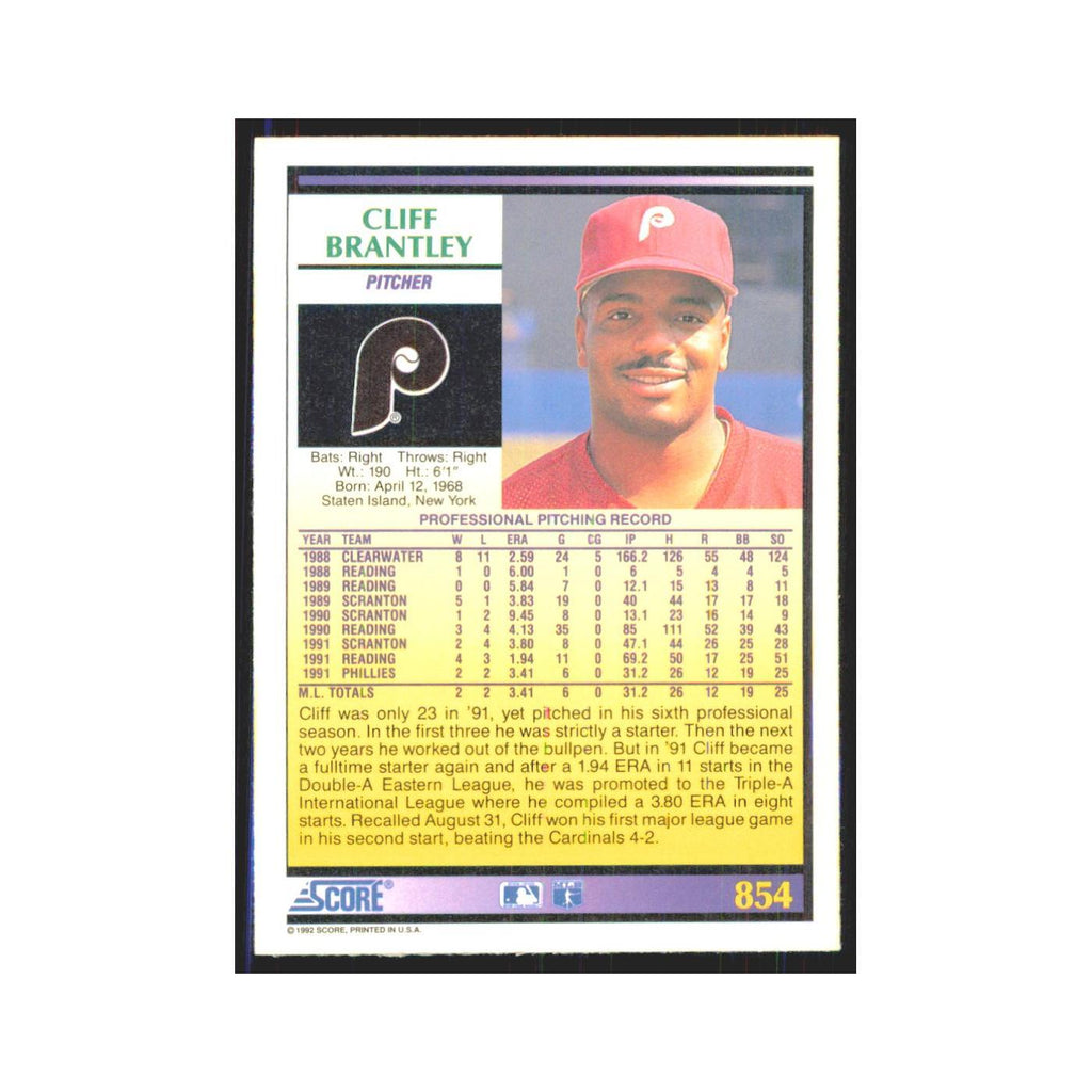 1992 Score Cliff Brantley RC Phillies #854